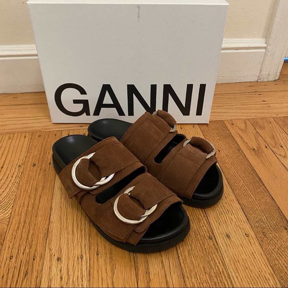 Ganni Brown Leather Suede Double Strap Buckle Slides